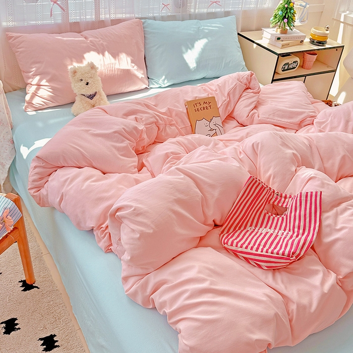 91家纺网 家纺一手货源 找家纺 繁花家居 2025新款高克重撞色水洗棉四件套 仙女粉+海盐蓝