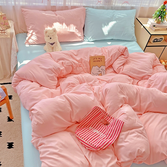 91家纺网 家纺一手货源 找家纺 繁花家居 2025新款高克重撞色水洗棉四件套 仙女粉+海盐蓝