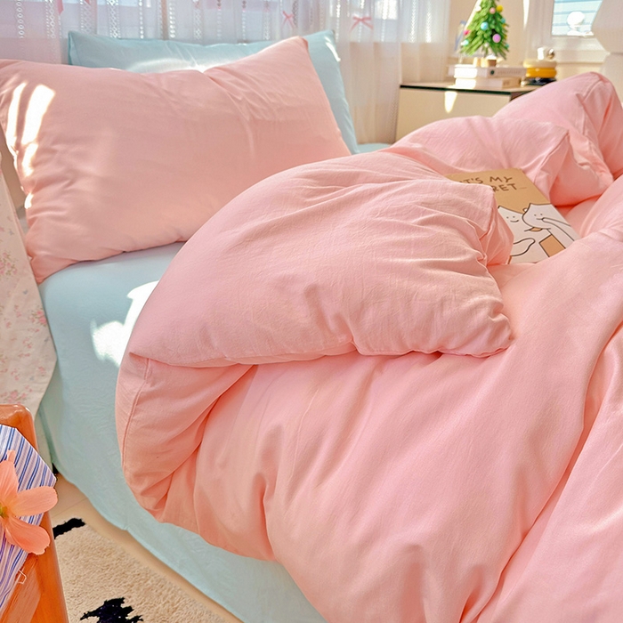 91家纺网 家纺一手货源 找家纺 繁花家居 2025新款高克重撞色水洗棉四件套 仙女粉+海盐蓝