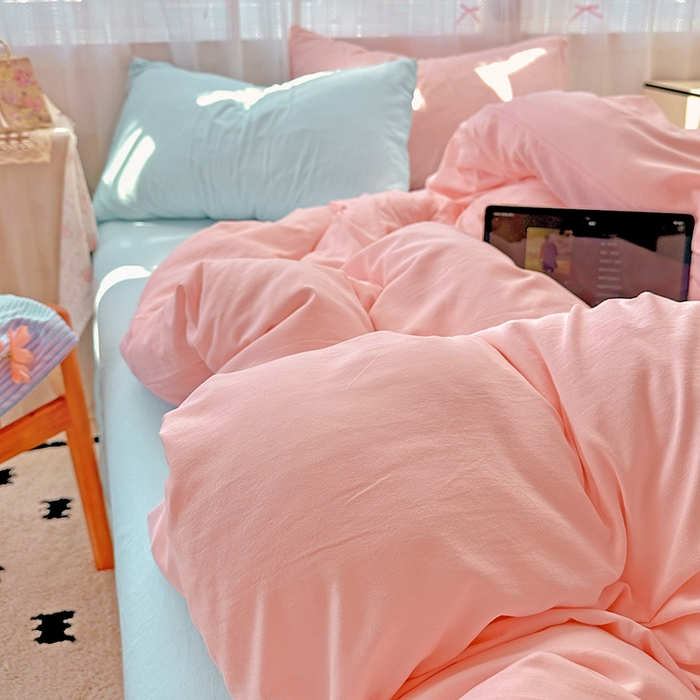 91家纺网 家纺一手货源 找家纺 繁花家居 2025新款高克重撞色水洗棉四件套 仙女粉+海盐蓝