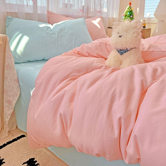 91家纺网 家纺一手货源 找家纺 繁花家居 2025新款高克重撞色水洗棉四件套 仙女粉+海盐蓝