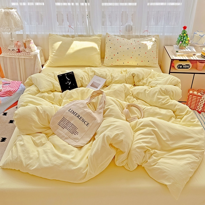 91家纺网 家纺一手货源 找家纺 繁花家居 2025新款高克重撞色水洗棉四件套 芝士黄