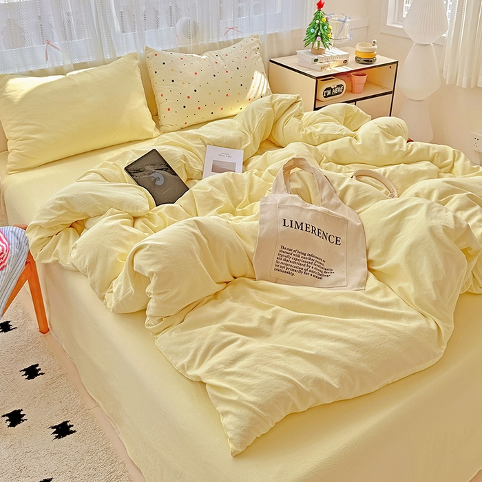 91家纺网 家纺一手货源 找家纺 繁花家居 2025新款高克重撞色水洗棉四件套 芝士黄