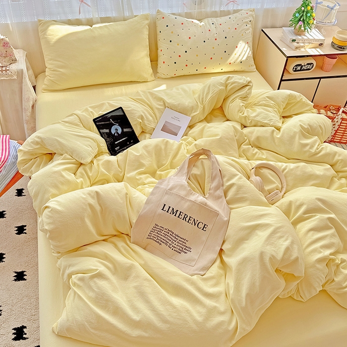 91家纺网 家纺一手货源 找家纺 繁花家居 2025新款高克重撞色水洗棉四件套 芝士黄