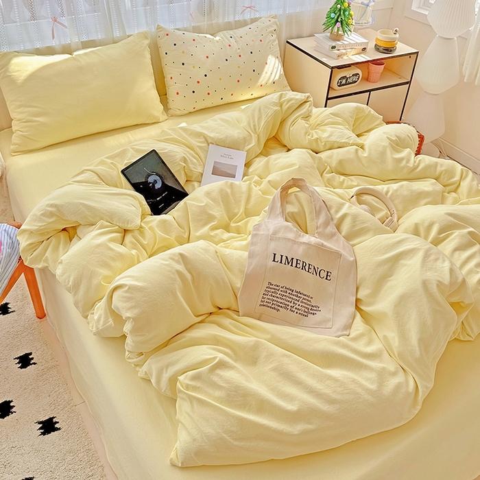 91家纺网 家纺一手货源 找家纺 繁花家居 2025新款高克重撞色水洗棉四件套 芝士黄