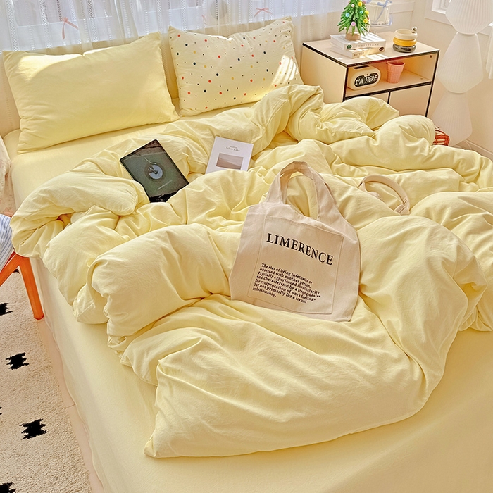 91家纺网 家纺一手货源 找家纺 繁花家居 2025新款高克重撞色水洗棉四件套 芝士黄