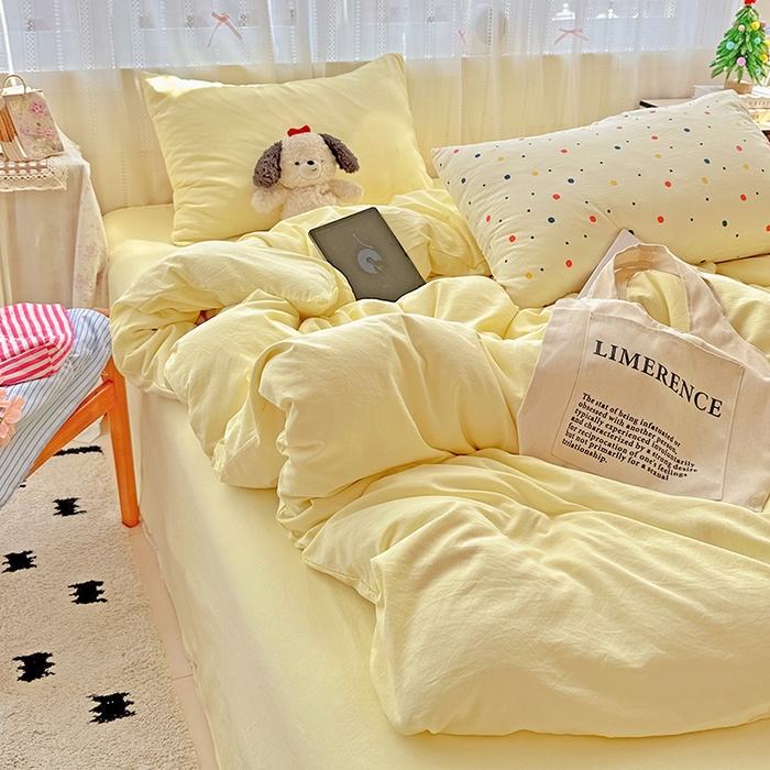 91家纺网 家纺一手货源 找家纺 繁花家居 2025新款高克重撞色水洗棉四件套 芝士黄