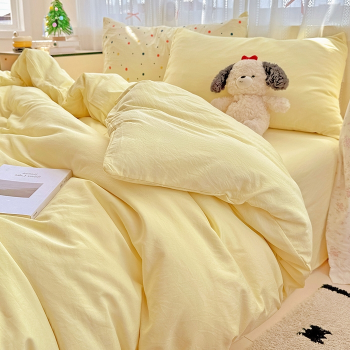 91家纺网 家纺一手货源 找家纺 繁花家居 2025新款高克重撞色水洗棉四件套 芝士黄