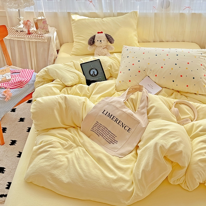 91家纺网 家纺一手货源 找家纺 繁花家居 2025新款高克重撞色水洗棉四件套 芝士黄