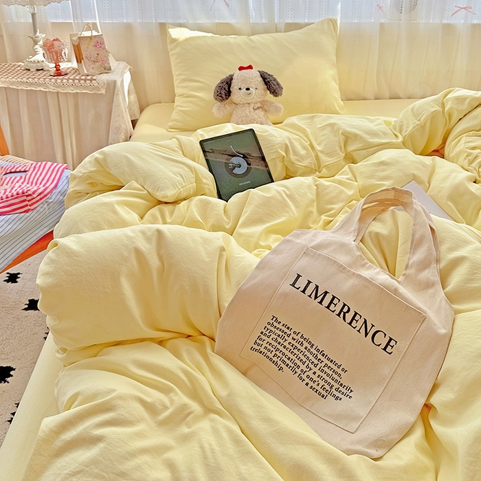 91家纺网 家纺一手货源 找家纺 繁花家居 2025新款高克重撞色水洗棉四件套 芝士黄