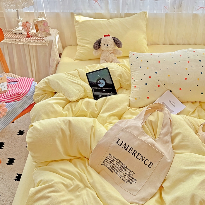 91家纺网 家纺一手货源 找家纺 繁花家居 2025新款高克重撞色水洗棉四件套 芝士黄