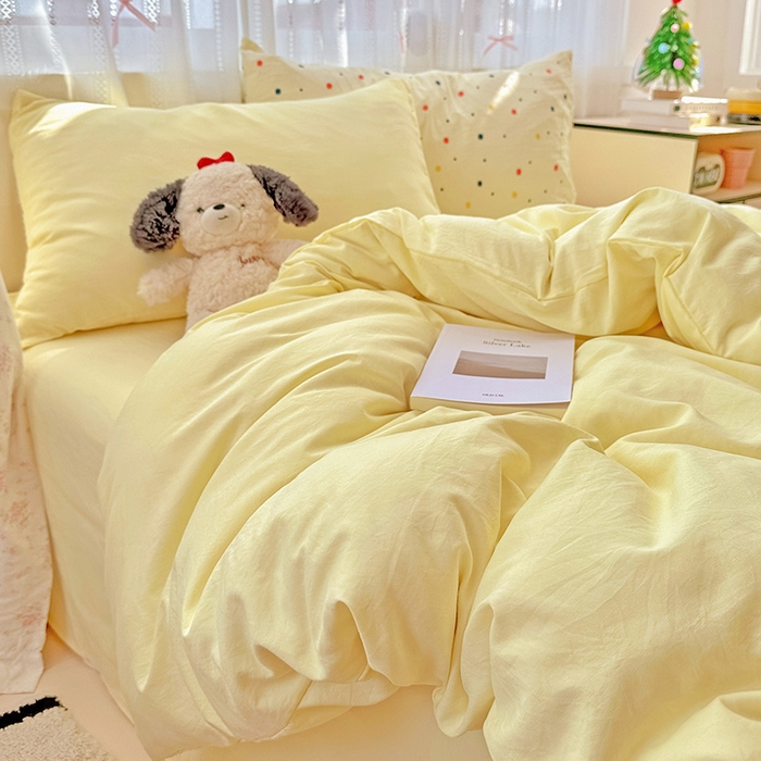 91家纺网 家纺一手货源 找家纺 繁花家居 2025新款高克重撞色水洗棉四件套 芝士黄