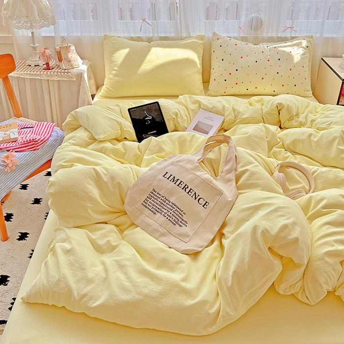 91家纺网 家纺一手货源 找家纺 繁花家居 2025新款高克重撞色水洗棉四件套 芝士黄