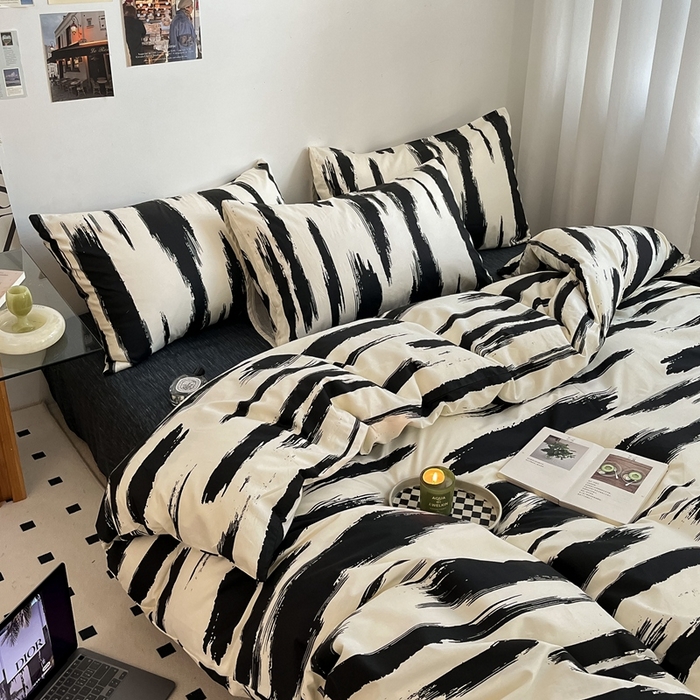 91家纺网 家纺一手货源 找家纺 吉象家纺 2025新款全棉纯棉印花北欧简约系列四件套 文艺黑