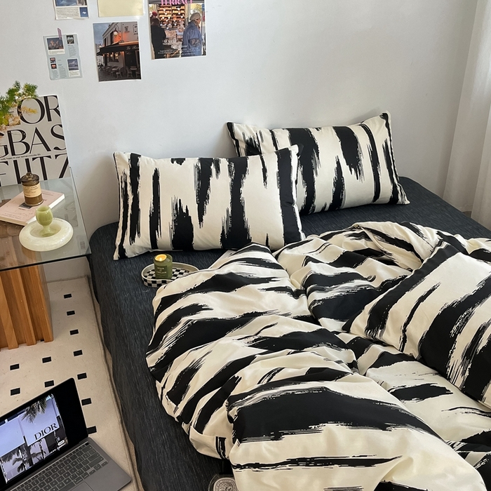 91家纺网 家纺一手货源 找家纺 吉象家纺 2025新款全棉纯棉印花北欧简约系列四件套 文艺黑