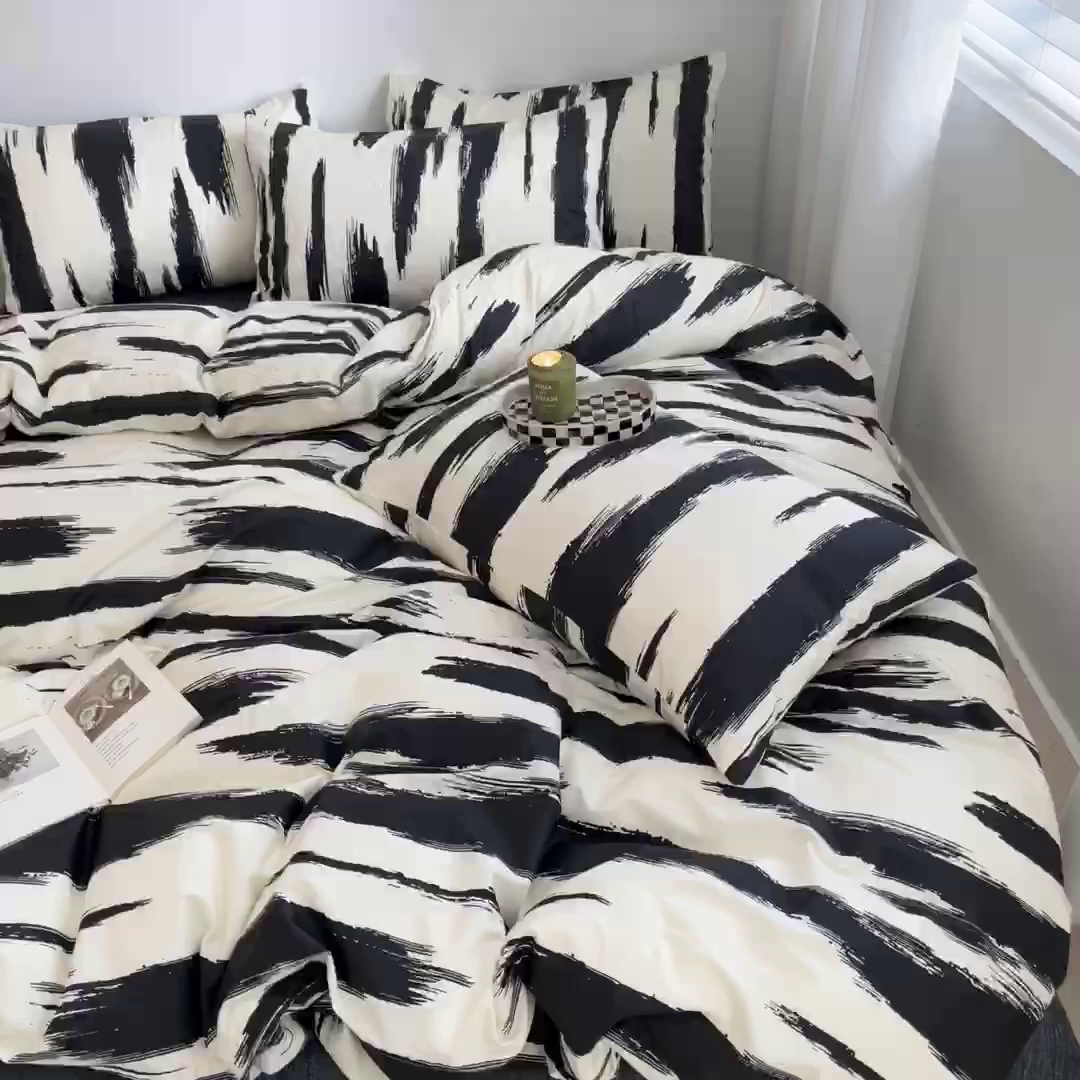 91家纺网 家纺一手货源 找家纺 吉象家纺 2025新款全棉纯棉印花北欧简约系列四件套 文艺黑