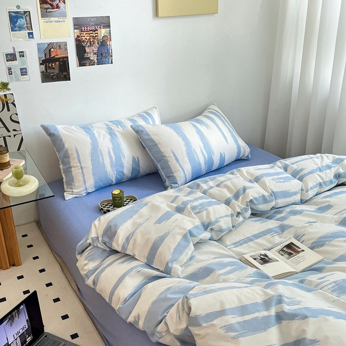 91家纺网 家纺一手货源 找家纺 吉象家纺 2025新款全棉纯棉印花北欧简约系列四件套 文艺蓝