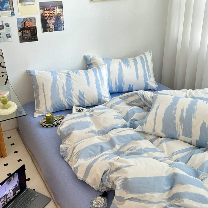 91家纺网 家纺一手货源 找家纺 吉象家纺 2025新款全棉纯棉印花北欧简约系列四件套 文艺蓝