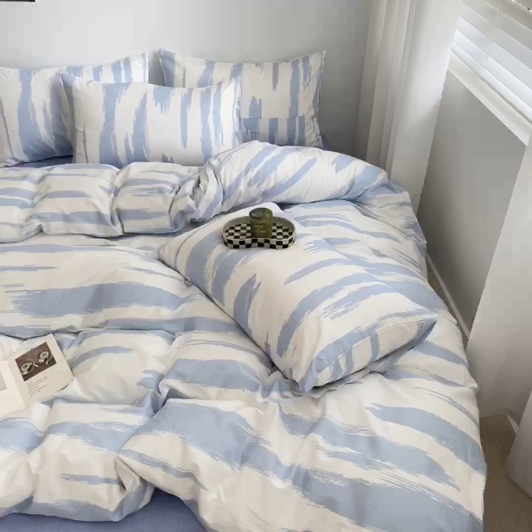 91家纺网 家纺一手货源 找家纺 吉象家纺 2025新款全棉纯棉印花北欧简约系列四件套 文艺蓝