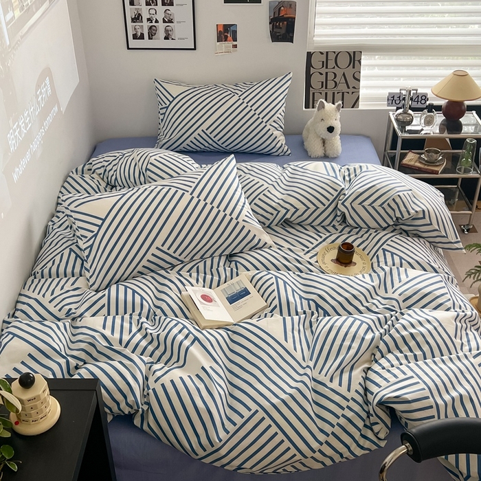 91家纺网 家纺一手货源 找家纺 吉象家纺 2025新款全棉纯棉印花北欧简约系列四件套 语初蓝