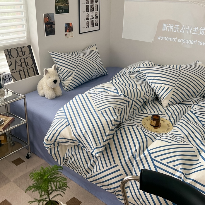 91家纺网 家纺一手货源 找家纺 吉象家纺 2025新款全棉纯棉印花北欧简约系列四件套 语初蓝