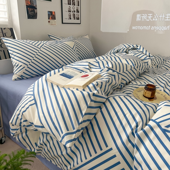 91家纺网 家纺一手货源 找家纺 吉象家纺 2025新款全棉纯棉印花北欧简约系列四件套 语初蓝