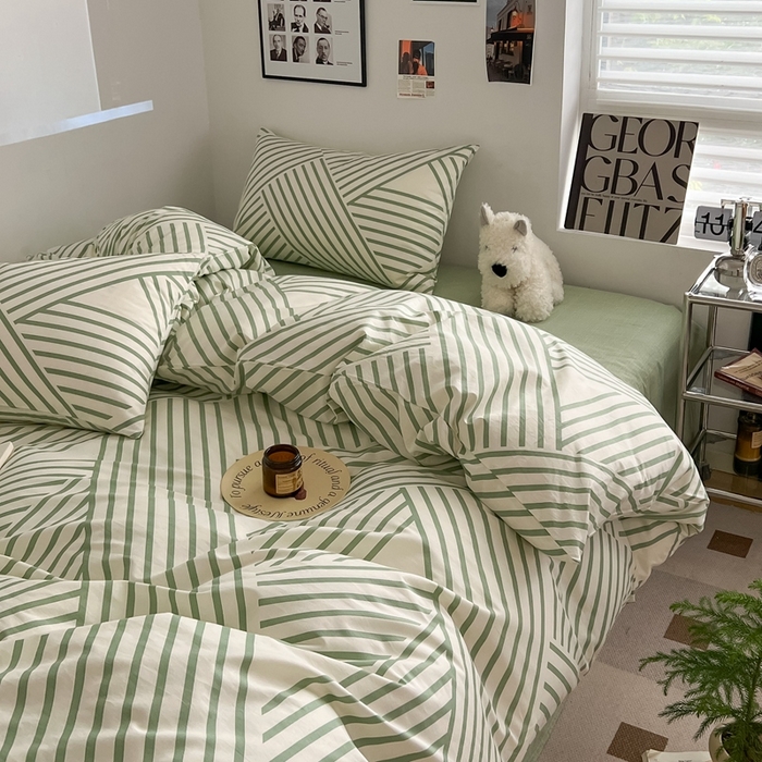 91家纺网 家纺一手货源 找家纺 吉象家纺 2025新款全棉纯棉印花北欧简约系列四件套 语初绿