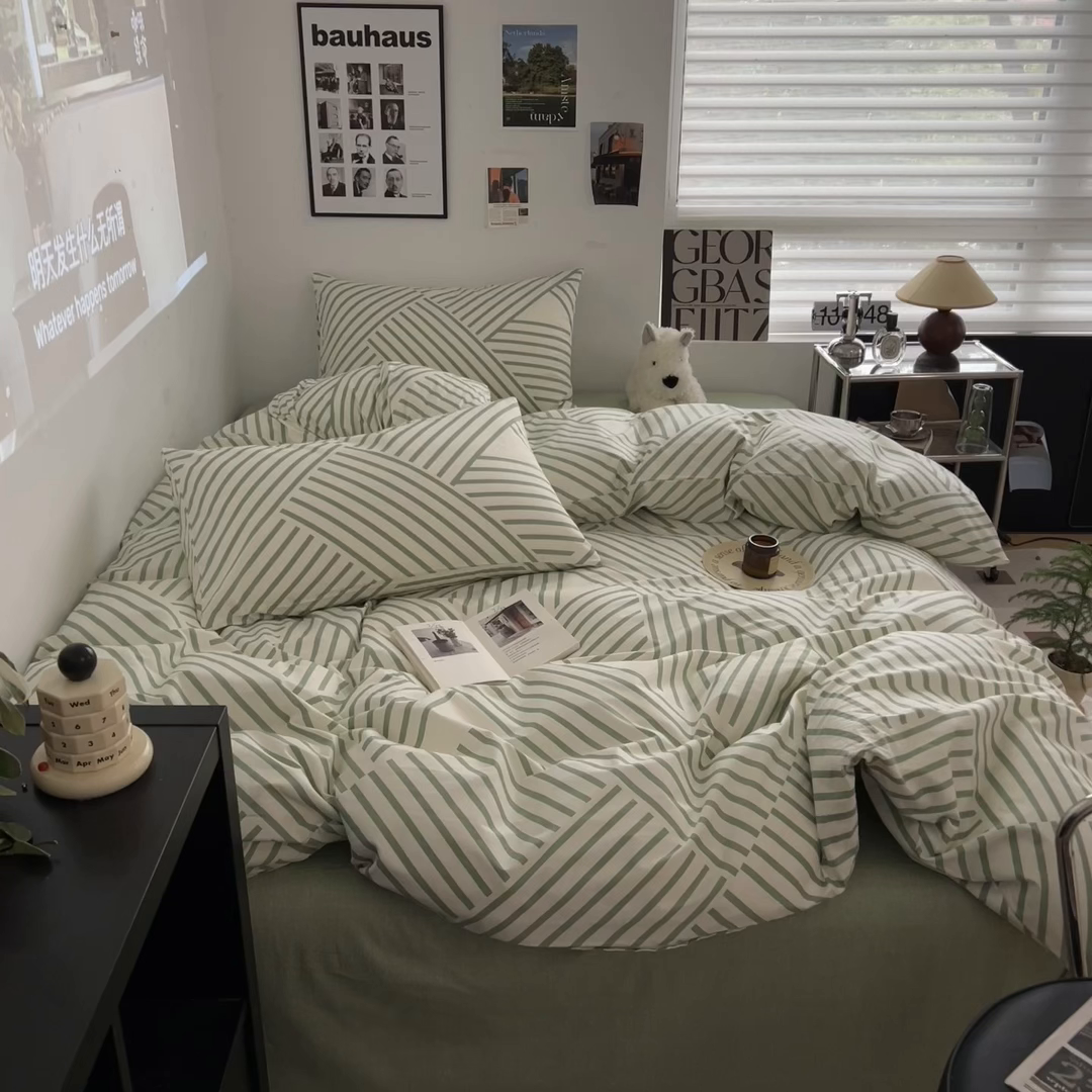 91家纺网 家纺一手货源 找家纺 吉象家纺 2025新款全棉纯棉印花北欧简约系列四件套 语初绿