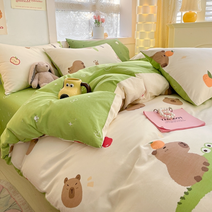 91家纺网 家纺一手货源 找家纺 吉象家纺 2025新款亲肤舒适全棉纯棉小清新卡通系列四件套 卡皮巴拉