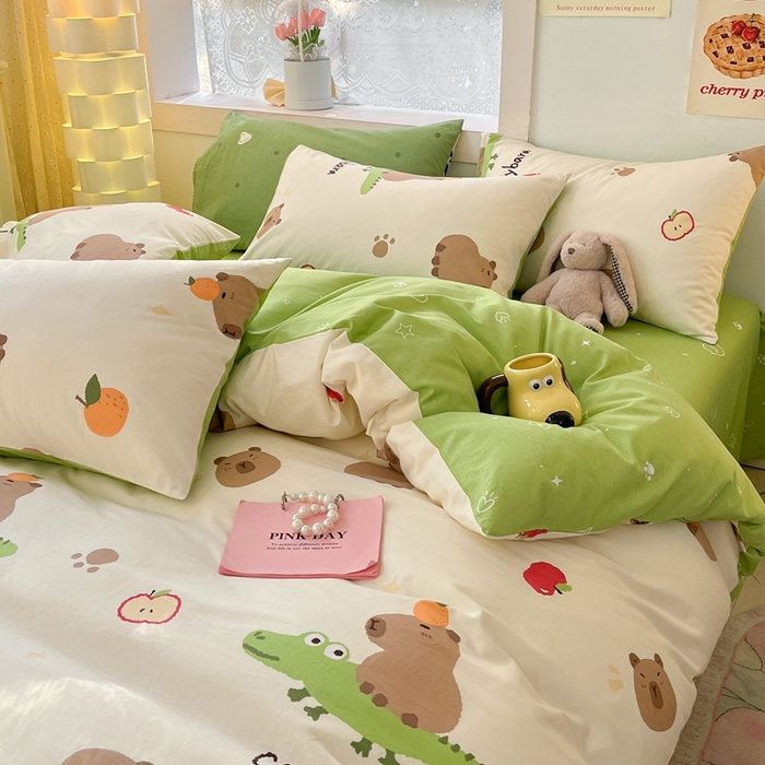 91家纺网 家纺一手货源 找家纺 吉象家纺 2025新款亲肤舒适全棉纯棉小清新卡通系列四件套 卡皮巴拉