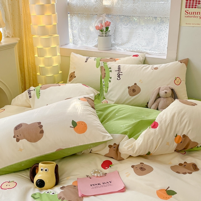 91家纺网 家纺一手货源 找家纺 吉象家纺 2025新款亲肤舒适全棉纯棉小清新卡通系列四件套 卡皮巴拉