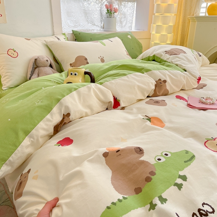 91家纺网 家纺一手货源 找家纺 吉象家纺 2025新款亲肤舒适全棉纯棉小清新卡通系列四件套 卡皮巴拉