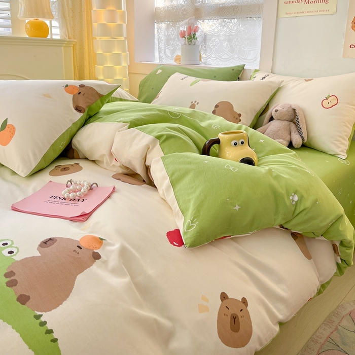 91家纺网 家纺一手货源 找家纺 吉象家纺 2025新款亲肤舒适全棉纯棉小清新卡通系列四件套 卡皮巴拉