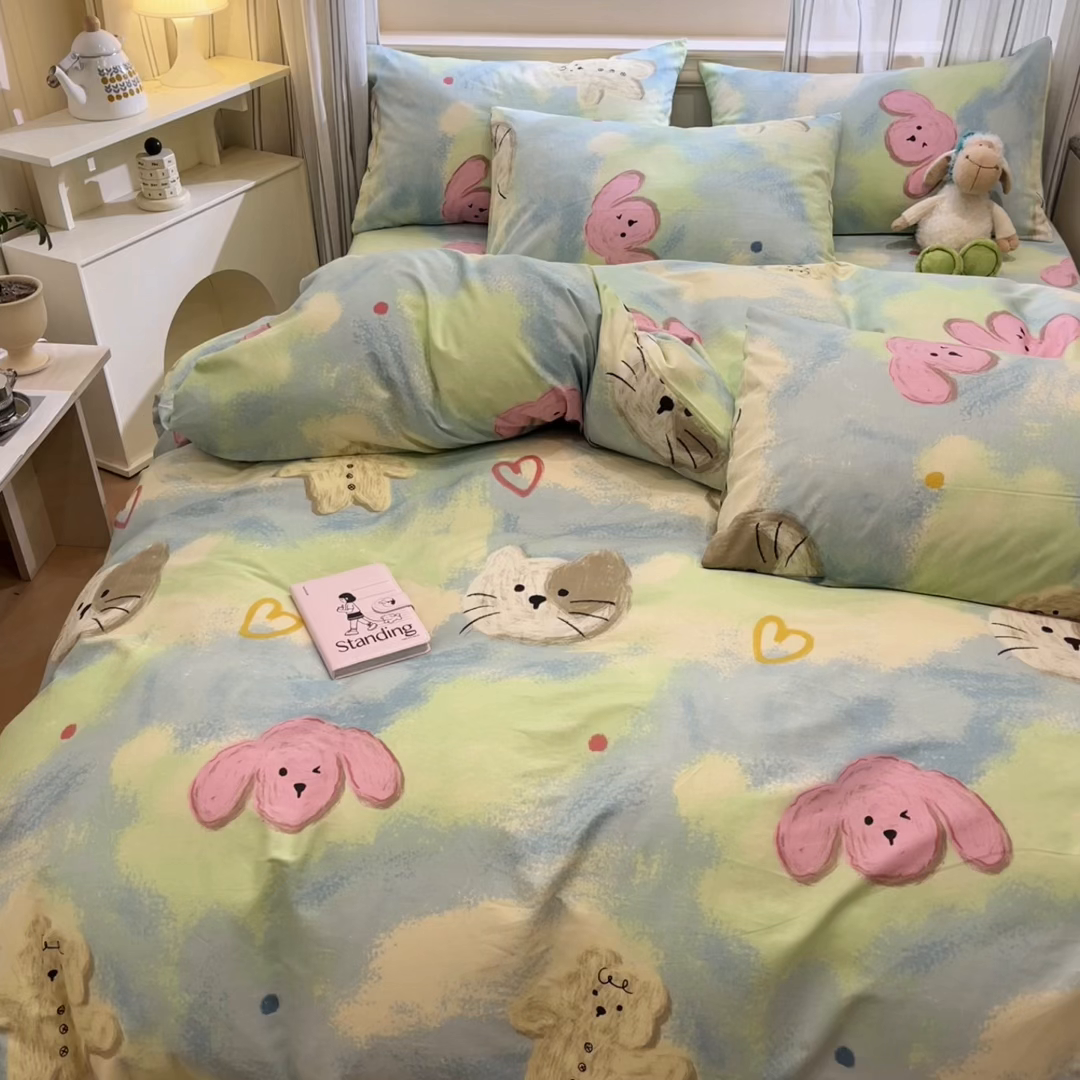 91家纺网 家纺一手货源 找家纺 吉象家纺 2025新款亲肤舒适全棉纯棉小清新卡通系列四件套 蜡笔画