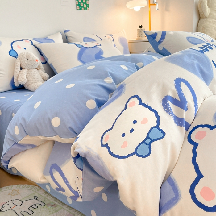吉象家纺 2025新款亲肤舒适全棉纯棉小清新卡通系列四件套 兰心小熊