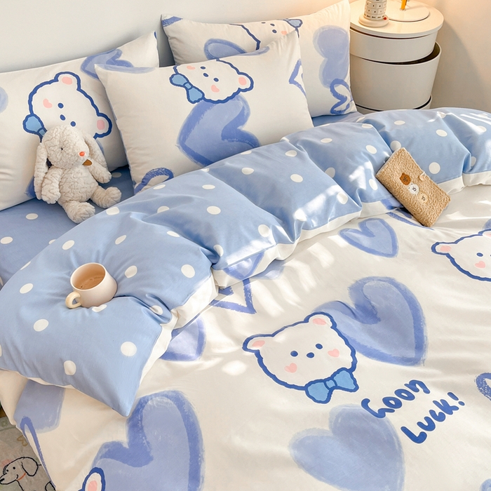 91家纺网 家纺一手货源 找家纺 吉象家纺 2025新款亲肤舒适全棉纯棉小清新卡通系列四件套 兰心小熊