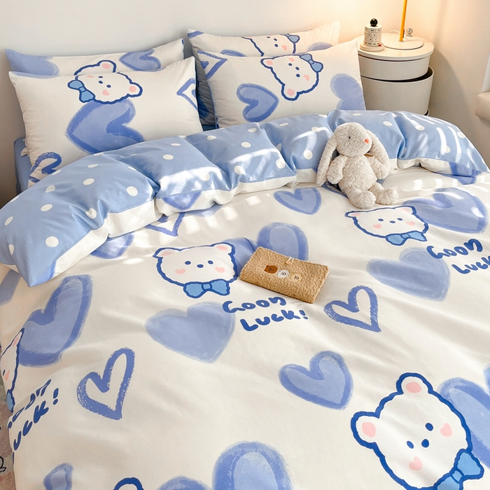 91家纺网 家纺一手货源 找家纺 吉象家纺 2025新款亲肤舒适全棉纯棉小清新卡通系列四件套 兰心小熊