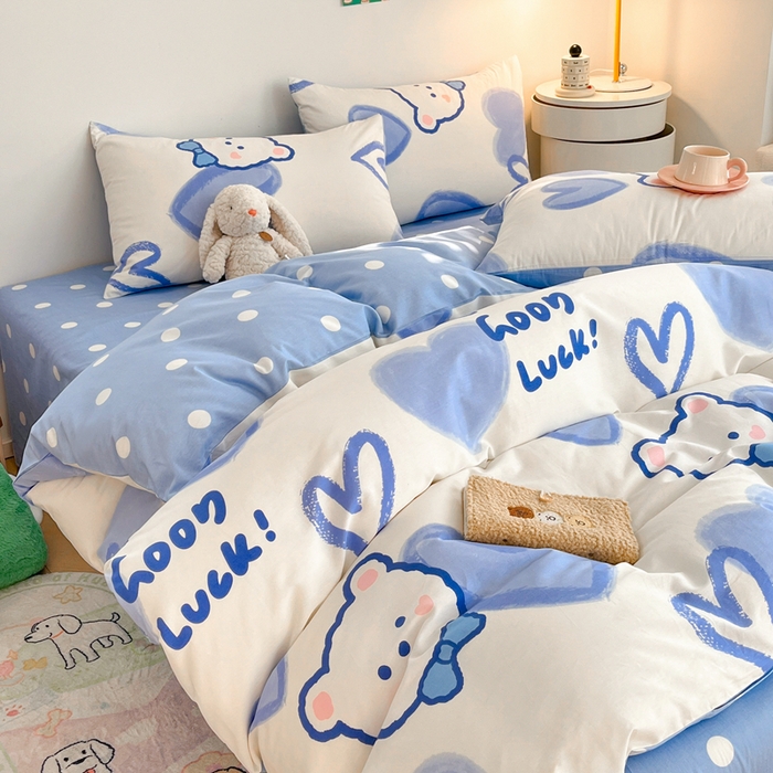 91家纺网 家纺一手货源 找家纺 吉象家纺 2025新款亲肤舒适全棉纯棉小清新卡通系列四件套 兰心小熊