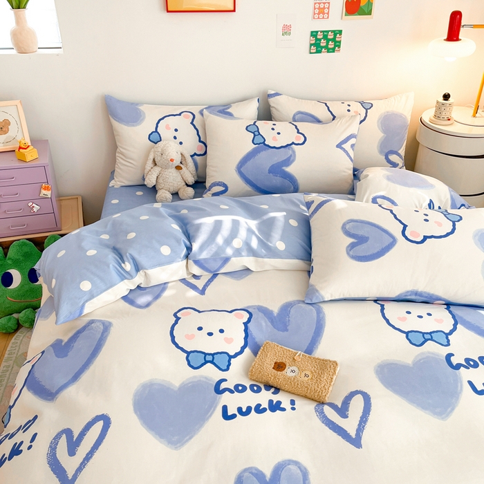 91家纺网 家纺一手货源 找家纺 吉象家纺 2025新款亲肤舒适全棉纯棉小清新卡通系列四件套 兰心小熊