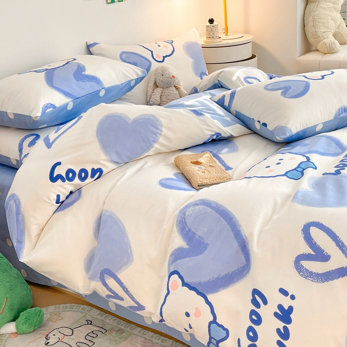 91家纺网 家纺一手货源 找家纺 吉象家纺 2025新款亲肤舒适全棉纯棉小清新卡通系列四件套 兰心小熊