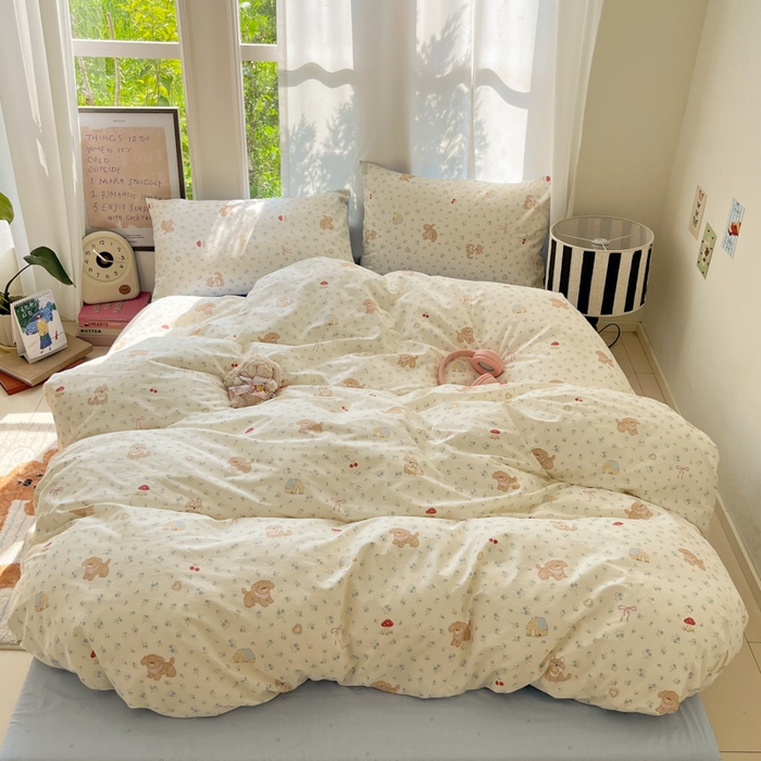 91家纺网 家纺一手货源 找家纺 吉象家纺 2025新款亲肤舒适全棉纯棉小清新卡通系列四件套 蓝碎花修狗