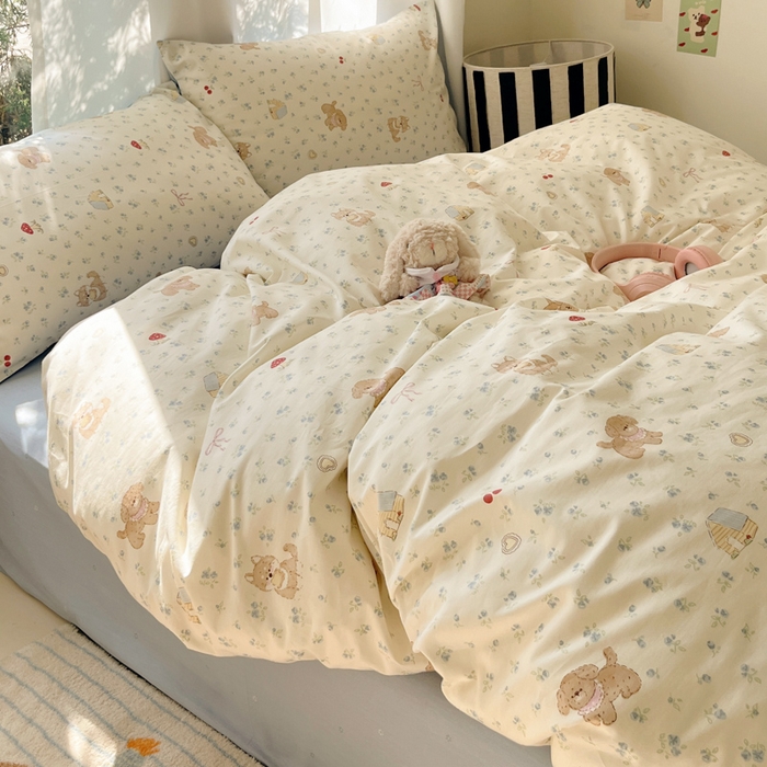 91家纺网 家纺一手货源 找家纺 吉象家纺 2025新款亲肤舒适全棉纯棉小清新卡通系列四件套 蓝碎花修狗