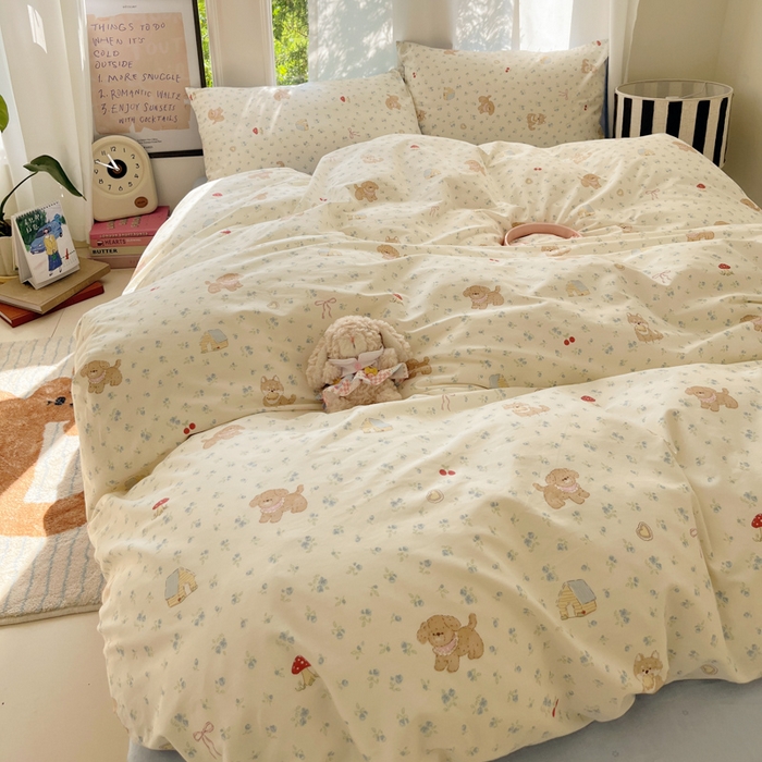 91家纺网 家纺一手货源 找家纺 吉象家纺 2025新款亲肤舒适全棉纯棉小清新卡通系列四件套 蓝碎花修狗