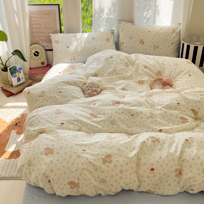 91家纺网 家纺一手货源 找家纺 吉象家纺 2025新款亲肤舒适全棉纯棉小清新卡通系列四件套 蓝碎花修狗