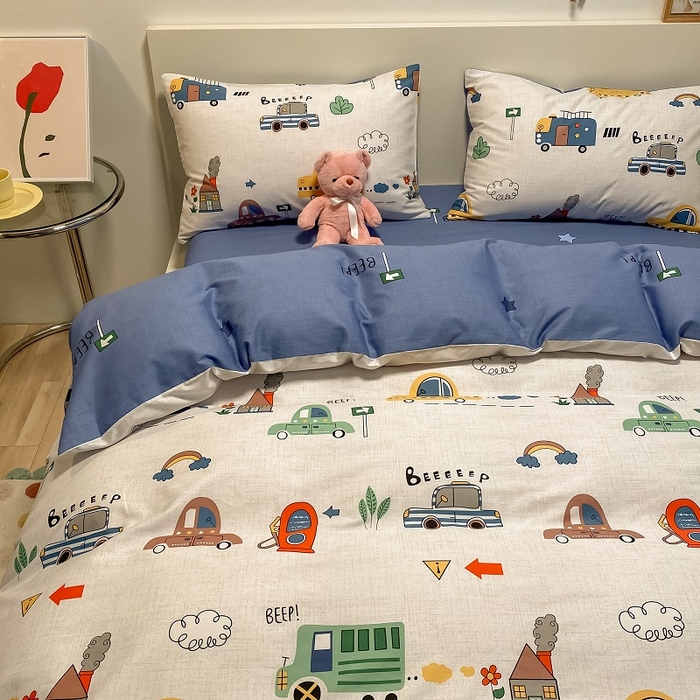 91家纺网 家纺一手货源 找家纺 吉象家纺 2025新款亲肤舒适全棉纯棉小清新卡通系列四件套 汽车嘟嘟