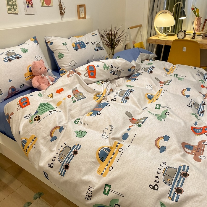 91家纺网 家纺一手货源 找家纺 吉象家纺 2025新款亲肤舒适全棉纯棉小清新卡通系列四件套 汽车嘟嘟