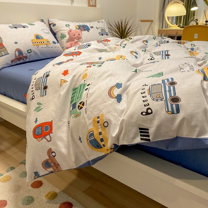 91家纺网 家纺一手货源 找家纺 吉象家纺 2025新款亲肤舒适全棉纯棉小清新卡通系列四件套 汽车嘟嘟