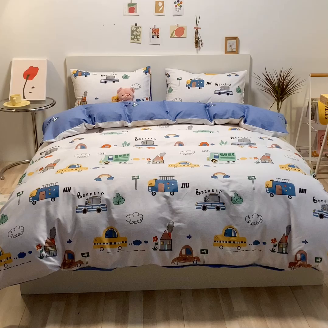 91家纺网 家纺一手货源 找家纺 吉象家纺 2025新款亲肤舒适全棉纯棉小清新卡通系列四件套 汽车嘟嘟