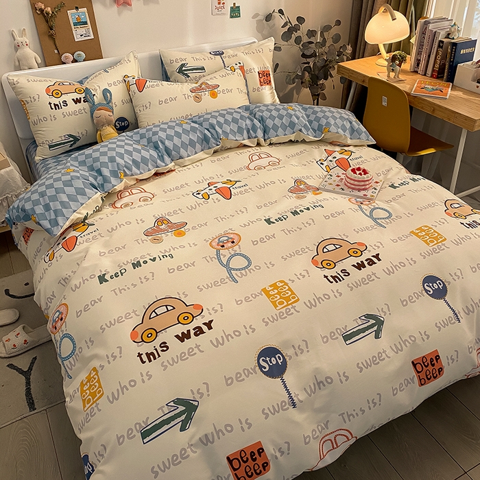 91家纺网 家纺一手货源 找家纺 吉象家纺 2025新款亲肤舒适全棉纯棉小清新卡通系列四件套 汽车向导