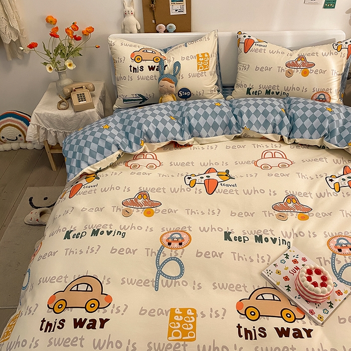 91家纺网 家纺一手货源 找家纺 吉象家纺 2025新款亲肤舒适全棉纯棉小清新卡通系列四件套 汽车向导